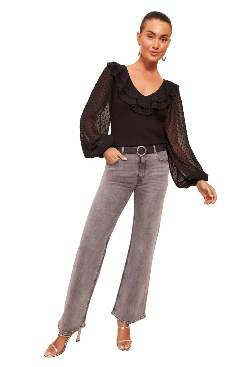 Dobby Balloon Sleeve Rib Top, Alternate, color, BLACK