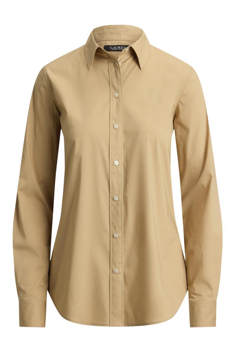 Silky Stretch Cotton Blend Button-Up Shirt, Alternate, color, BIRCH BEIGE