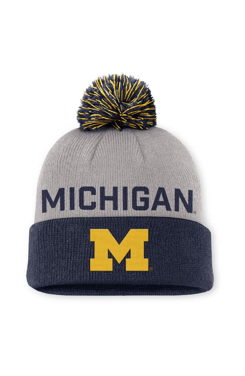 Jordan Brand Men's Jordan Brand Gray/Navy Michigan Wolverines Primetime Peak Cuffed Knit Hat with Pom, Main, color, 
