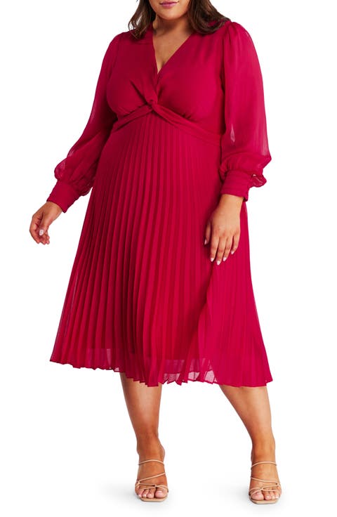 Pleated Long Sleeve Midi Dress (Plus Size)
