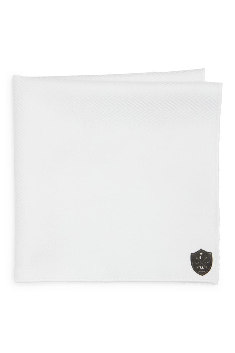 White Cotton Herringbone Pocket Square, Main, color, WHITE