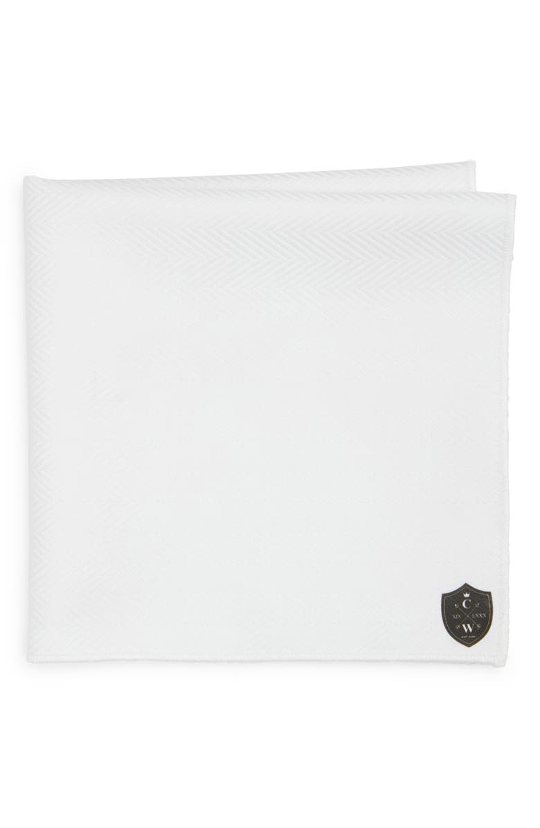 CLIFTON WILSON White Cotton Herringbone Pocket Square, Main, color, White