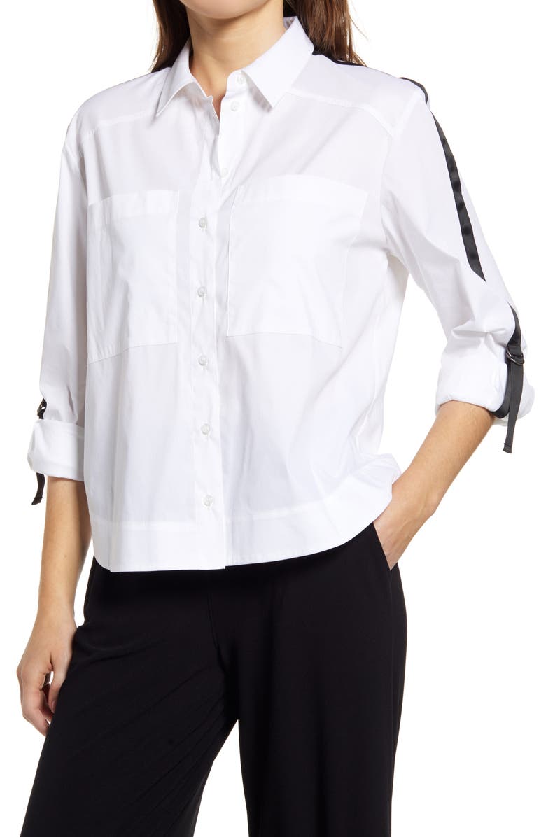 Halogen<sup>®</sup> Sleeve Stripe Cotton Blend Poplin Blouse, Main, color,