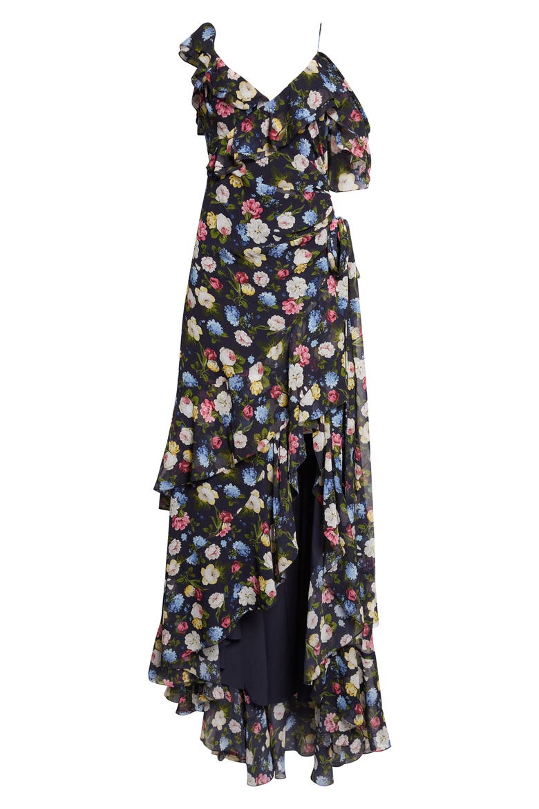 Floral Print Ruffle Asymmetric Silk Gown, Alternate, color, MIDNIGHT MULTI