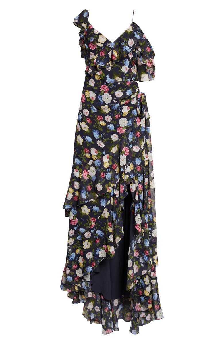 Carolina Herrera Floral Print Ruffle Asymmetric Silk Gown, Alternate, color, Midnight Multi