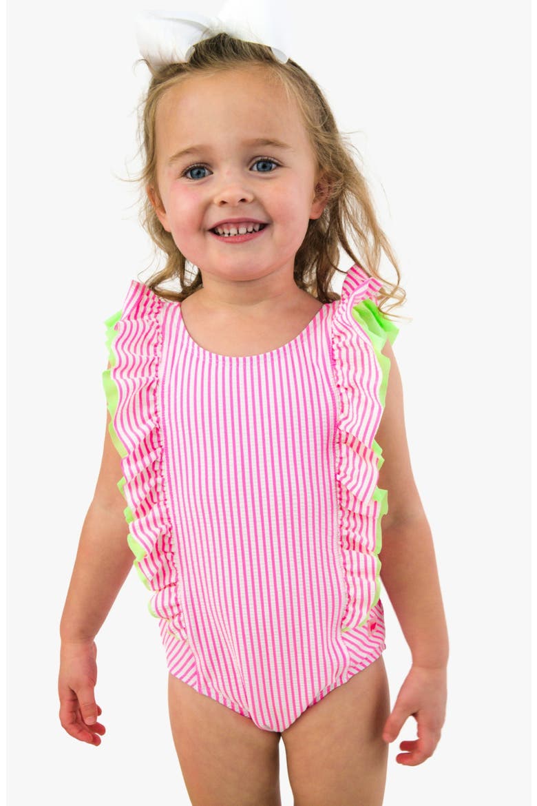 Kids' Seersucker UPF 50+ One-Piece Swimsuit, Alternate, color, PINK
