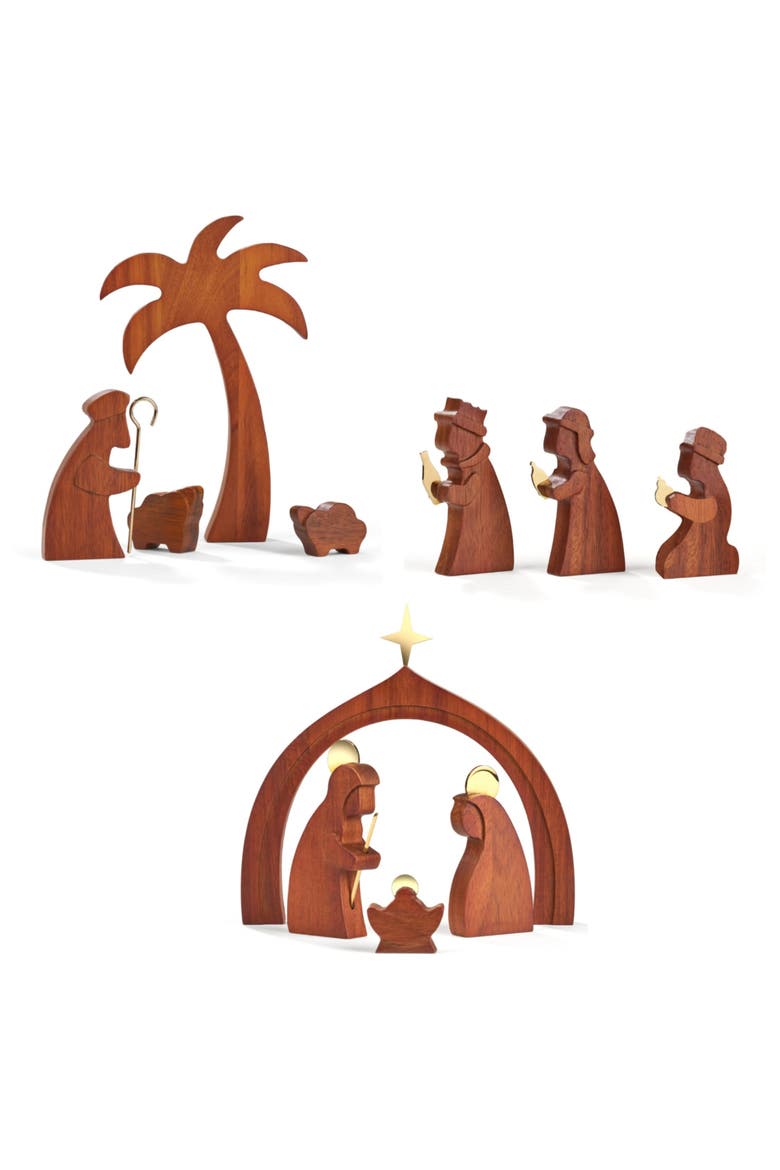 11-Piece Wood Nativity Set, Main, color, BROWN