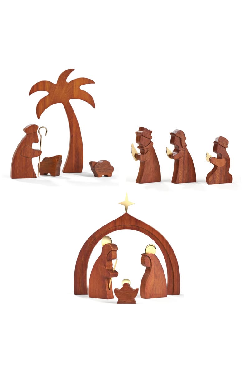 Nambé 11-Piece Wood Nativity Set, Main, color, Brown