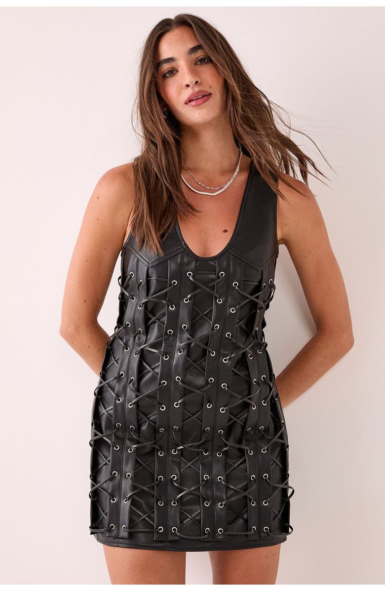 NASTY GAL Eyelet Lace Up Faux Leather Mini Dress, Main, color, Black