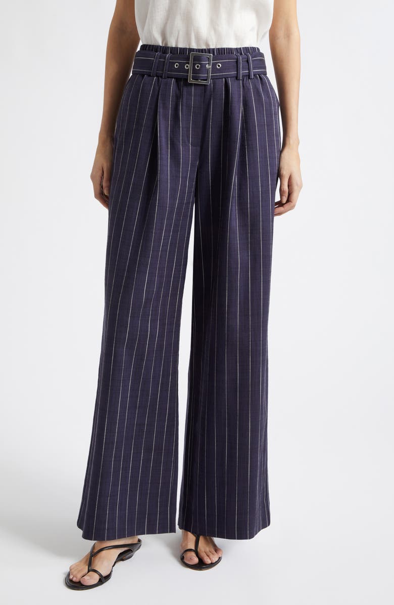 Reiss Rae Stripe Belted Wide Leg Pants, Main, color, Navy