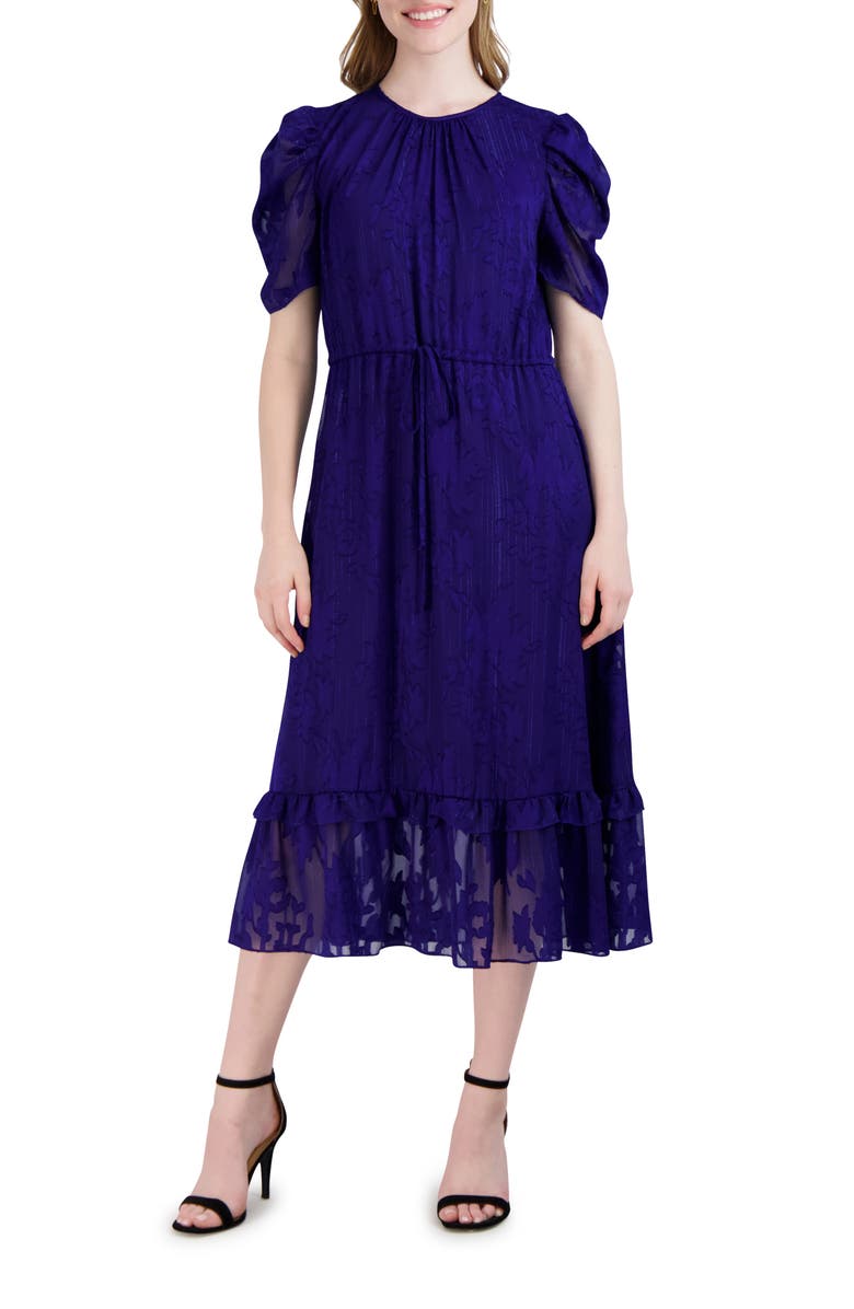 Julia Jordan Floral Puff Sleeve A-Line Midi Dress, Main, color, Royal