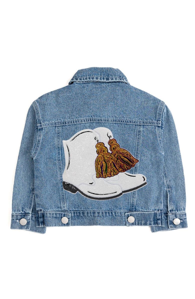 Sweet Wink Mardi Boots Sequin Patch Denim Jacket, Main, color, Denim