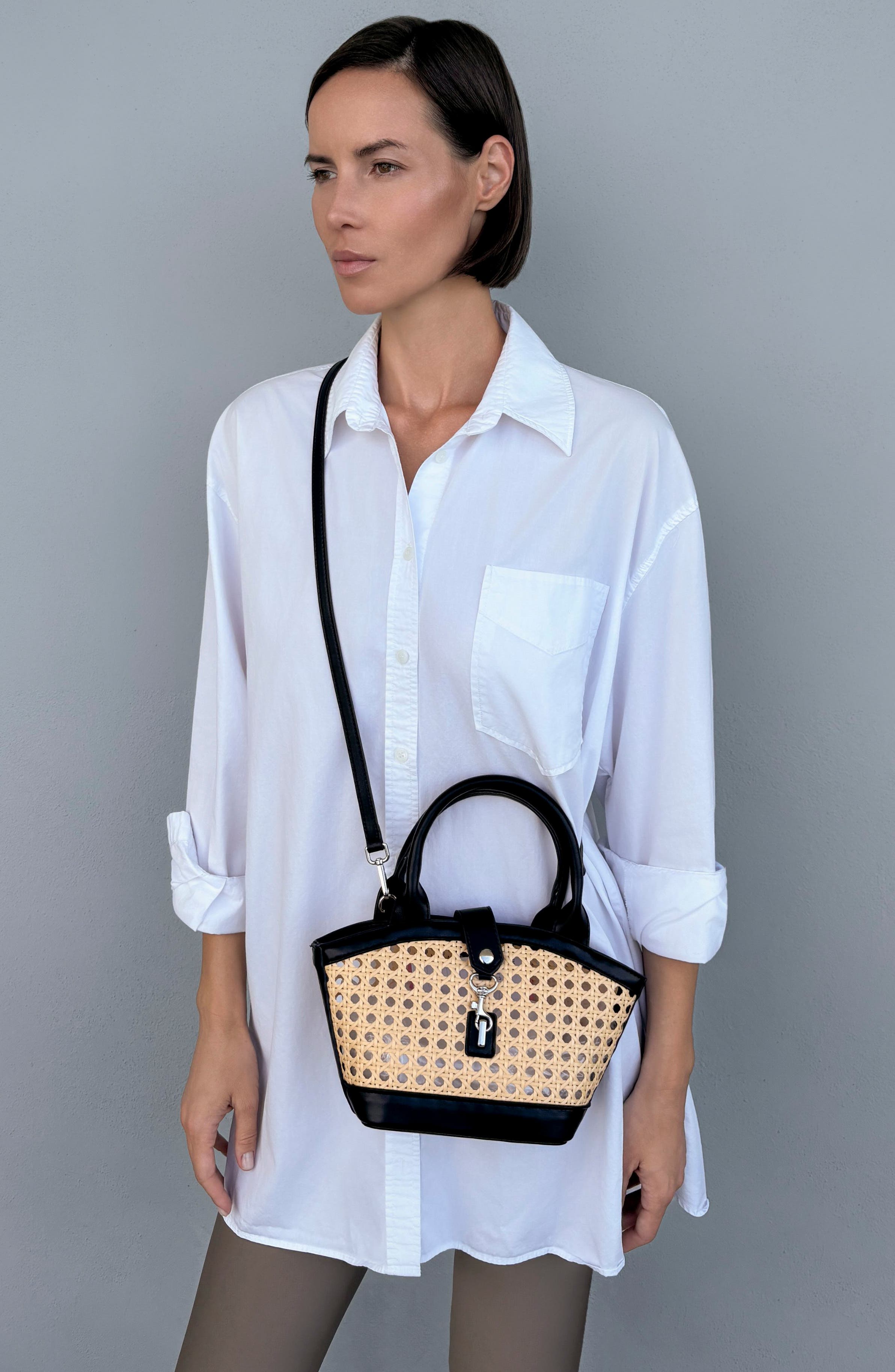 Kane Rattan Shoulder Bag, Alternate, color, BLACK/ TAN