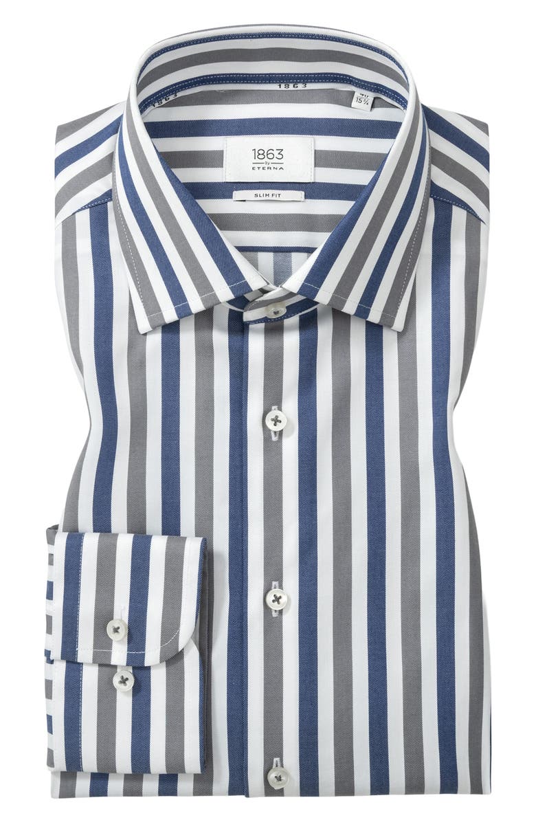 1863 by Eterna Slim Fit Stripe Non-Iron Cotton Twill Dress Shirt, Alternate, color, Blue Grey