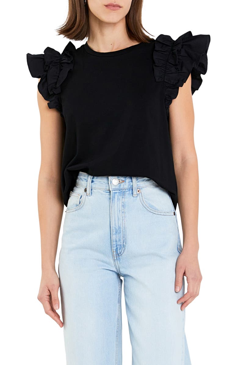 English Factory Ruffle Sleeve Mix Media Cotton Top, Alternate, color, 