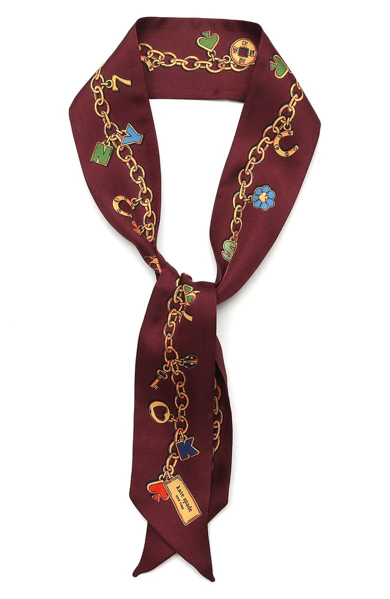 Kate Spade New York lucky charms skinny silk scarf, Alternate, color, Burgundy Multi