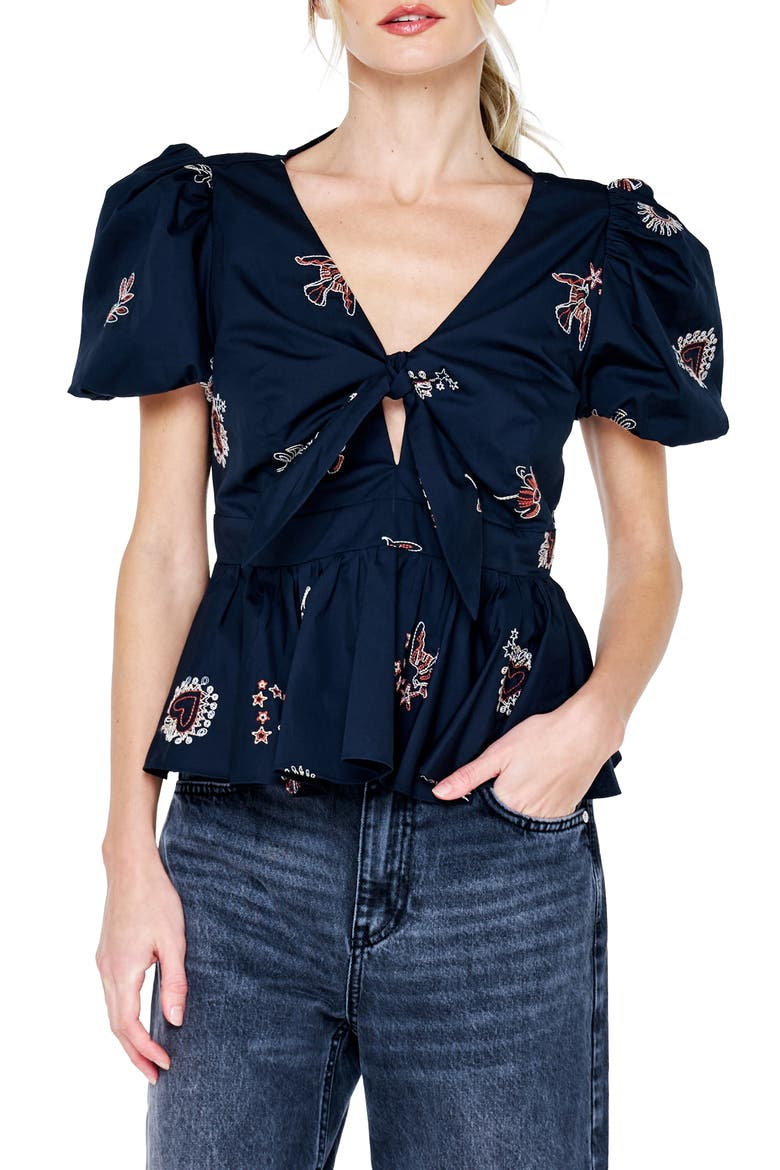 Liyana Embroidered Tie Front Peplum Top, Alternate, color, BLACK