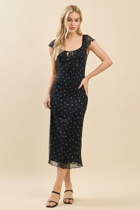 Floral Mesh Front Tie Cutout Midi Dress