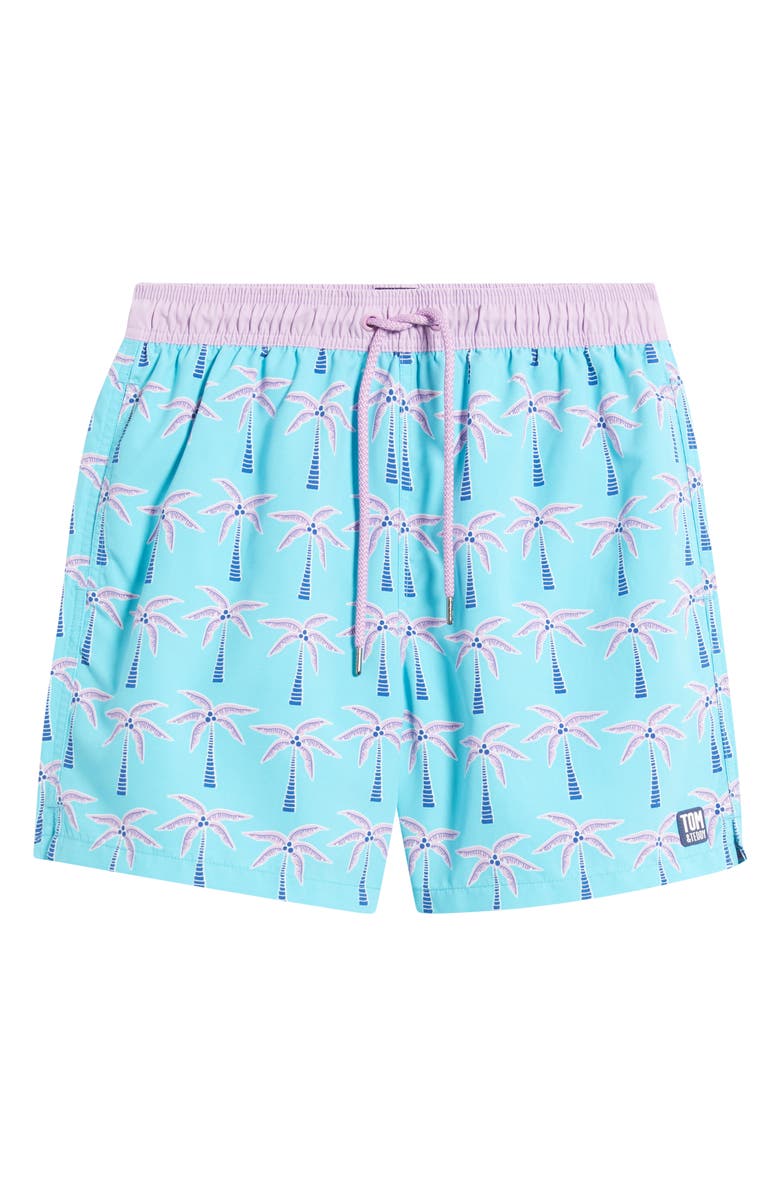 Tom & Teddy Palm Tree Print Swim Trunks, Alternate, color, Aqua Violet