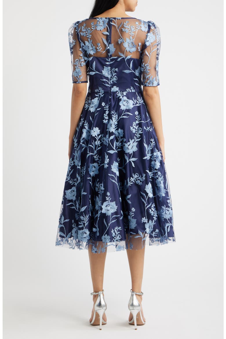 Embroidered Floral Cocktail Midi Dress, Alternate, color, NAVY BLUE