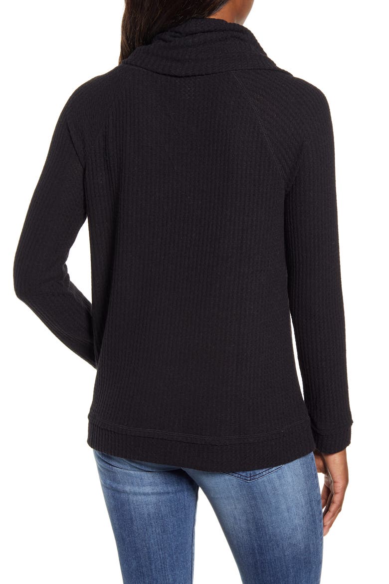 Cowl Neck Waffle Knit Top, Alternate, color, BLACK