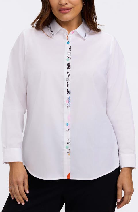 Charlie Floral Trim Cotton Blend Button-Up Shirt (Plus)