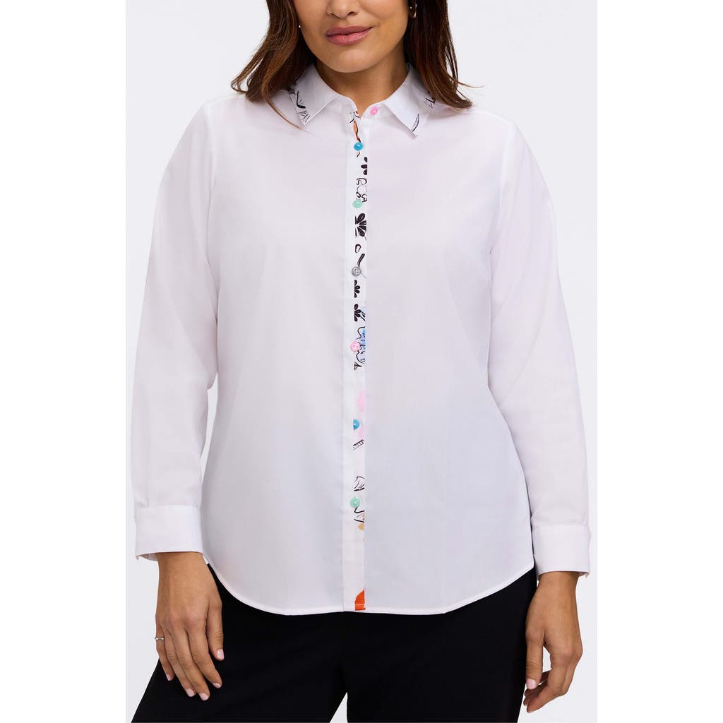 Foxcroft Charlie Floral Trim Cotton Blend Button-up Shirt In White