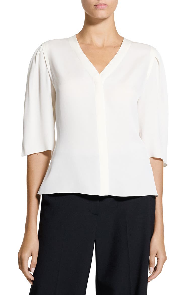 Round Sleeve Silk Button-Up Top, Main, color, IVORY