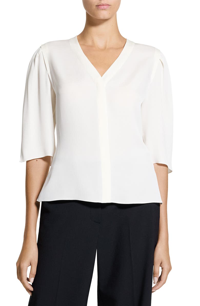 Theory Round Sleeve Silk Button-Up Top, Main, color, Ivory