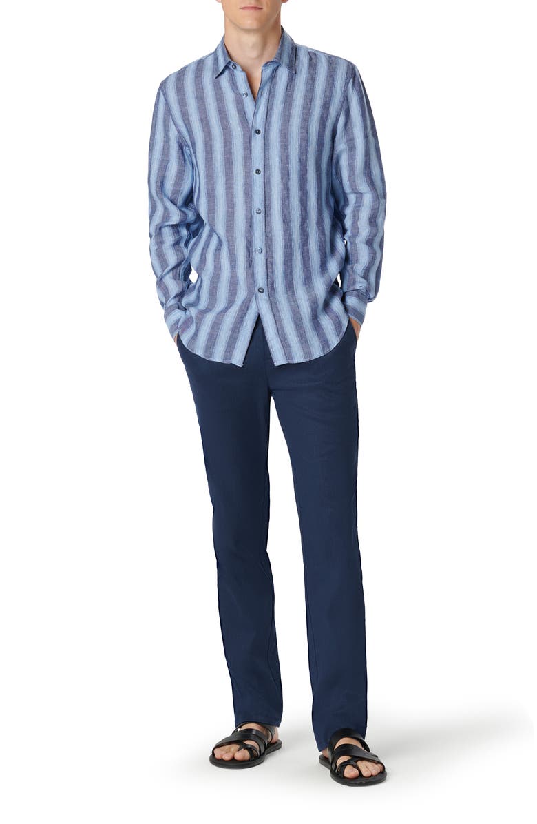 Bugatchi Julian Shaped Fit Stripe Linen Button-Up Shirt, Alternate, color,