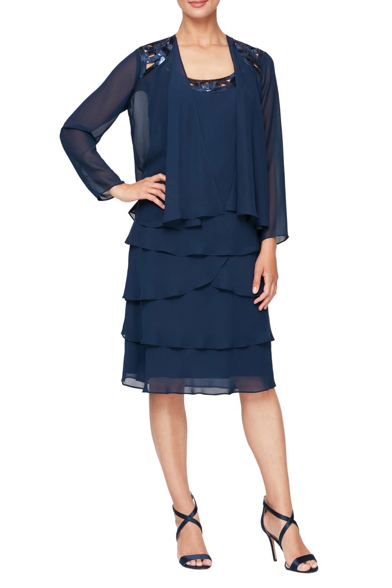 SLNY Sequin Chiffon Jacket Dress, Main, color, DEEP NAVY