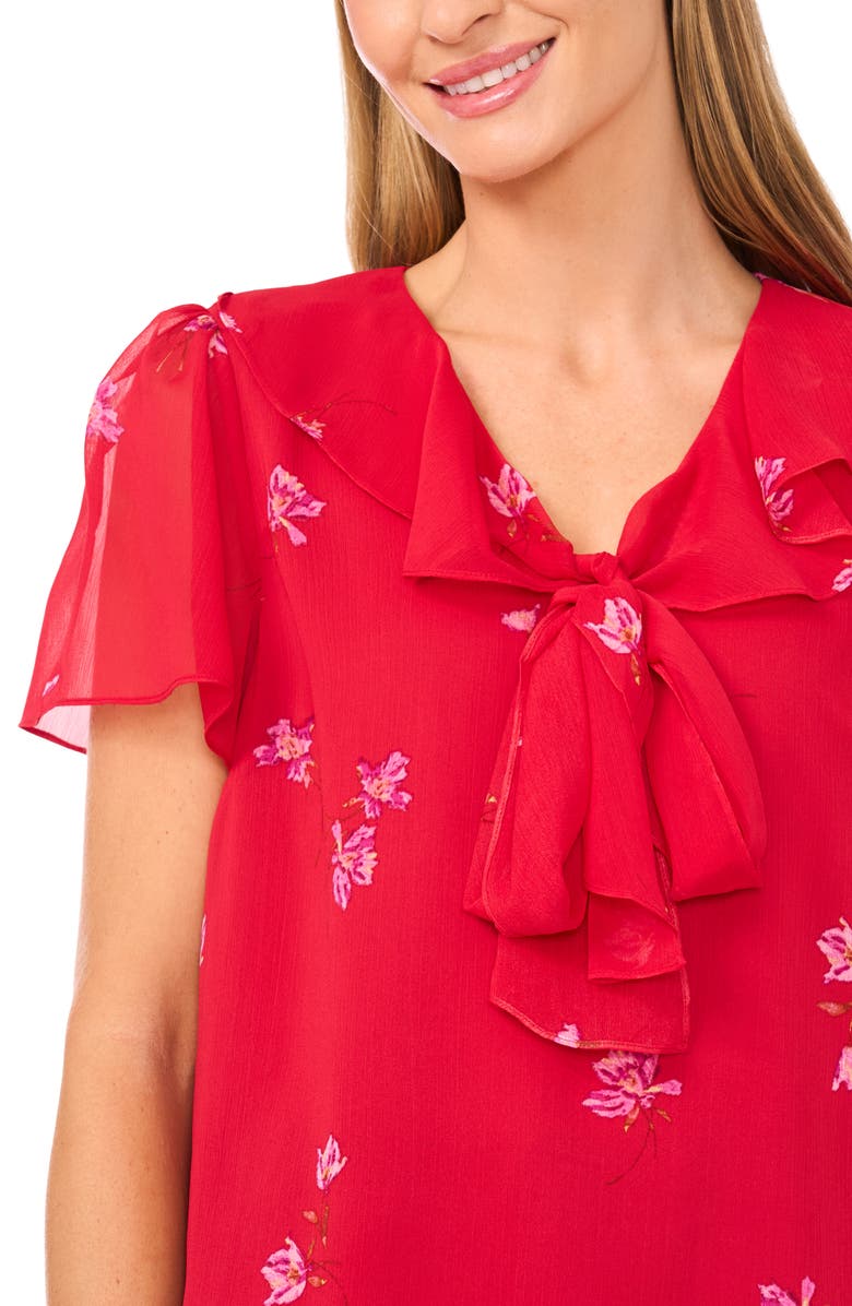 CeCe Floral Tie Neck Top, Alternate, color, Stoplight Red
