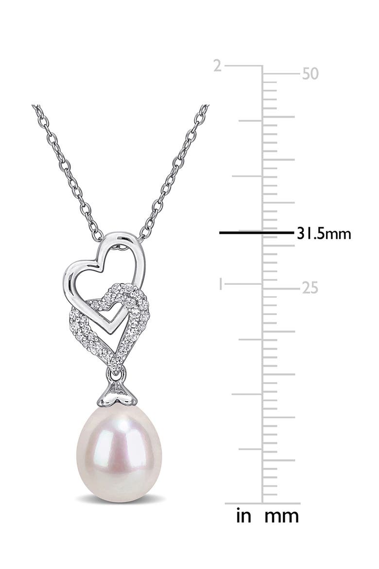 Sterling Silver Lab Created White Sapphire & Pearl Heart Pendant Necklace, Alternate, color, WHITE GOLD