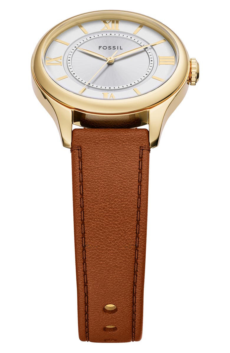 Fossil Gilmore Leather Strap Watch, 28mm, Alternate, color, White/ Brown/ Gold