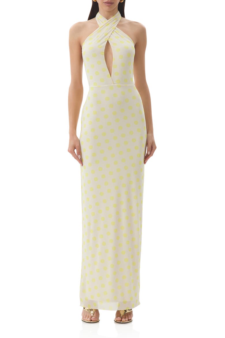 Genie Yellow Polka Dot Cutout Mesh Halter Maxi Dress, Main, color, SUN DOT