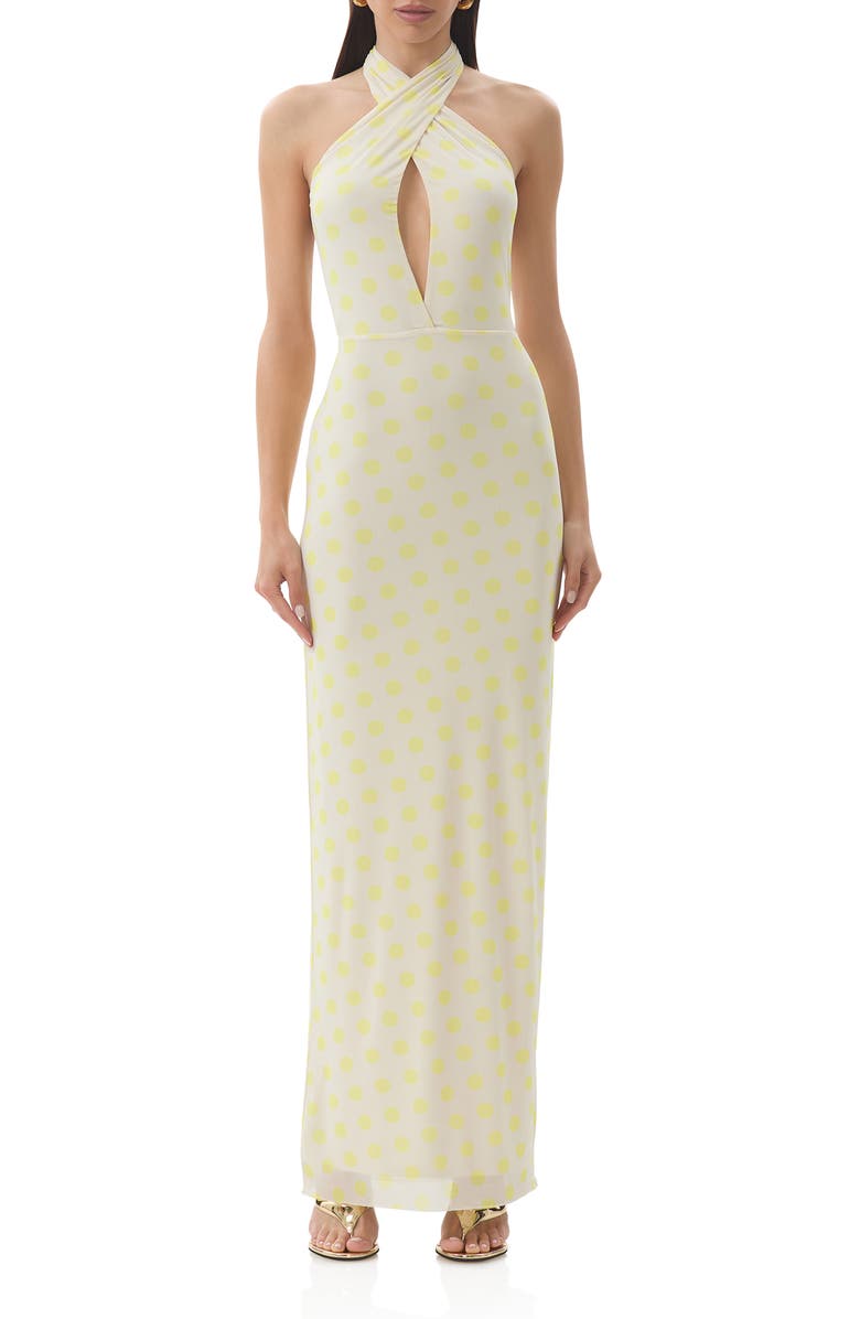 AFRM Genie Yellow Polka Dot Cutout Mesh Halter Maxi Dress, Main, color, Sun Dot
