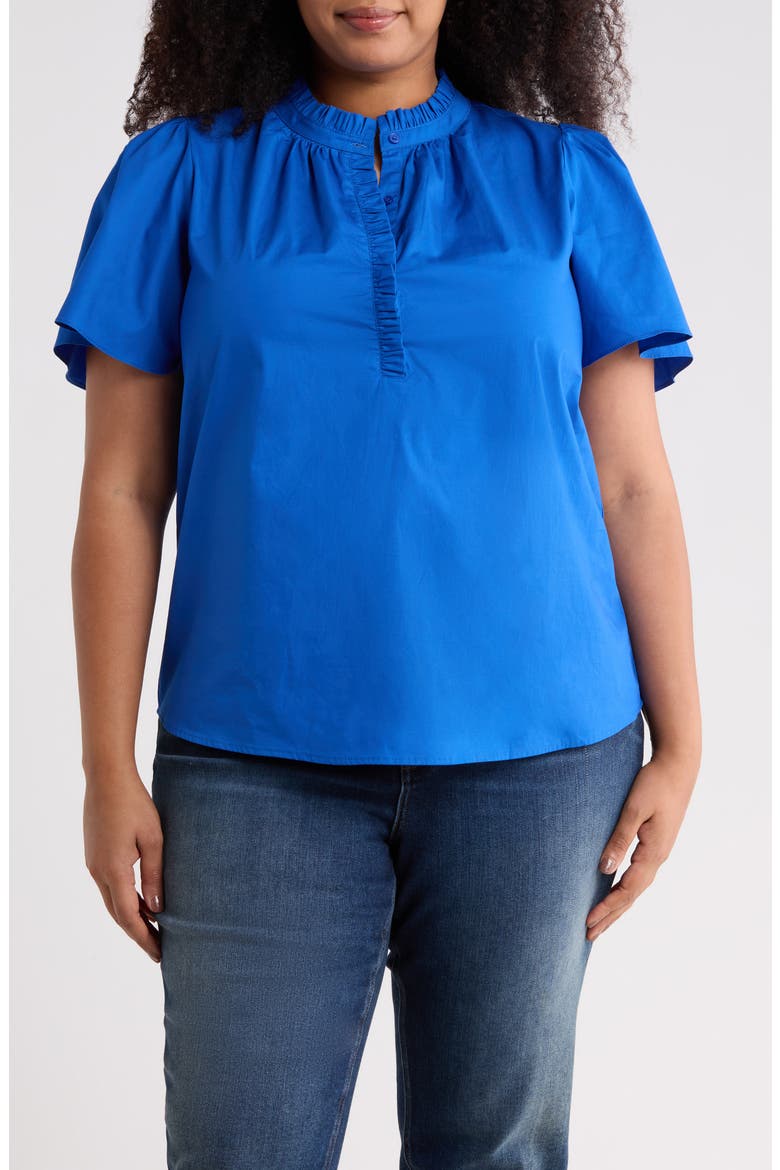 Ruffle Trim Cotton Poplin Shirt, Main, color, COBALT