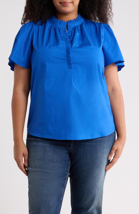 Ruffle Trim Cotton Poplin Shirt (Plus)