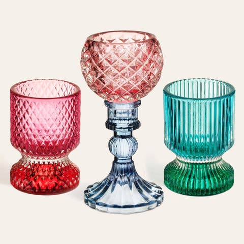 Glass Round Candle Holder and Decorative Object 3 Pcs Set
