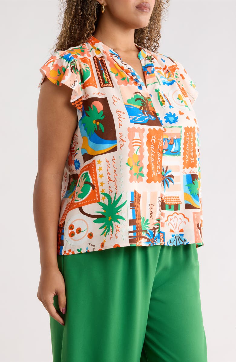 SUGARLIPS Palm Ruffle Split Neck Blouse, Alternate, color, Coral-Multi