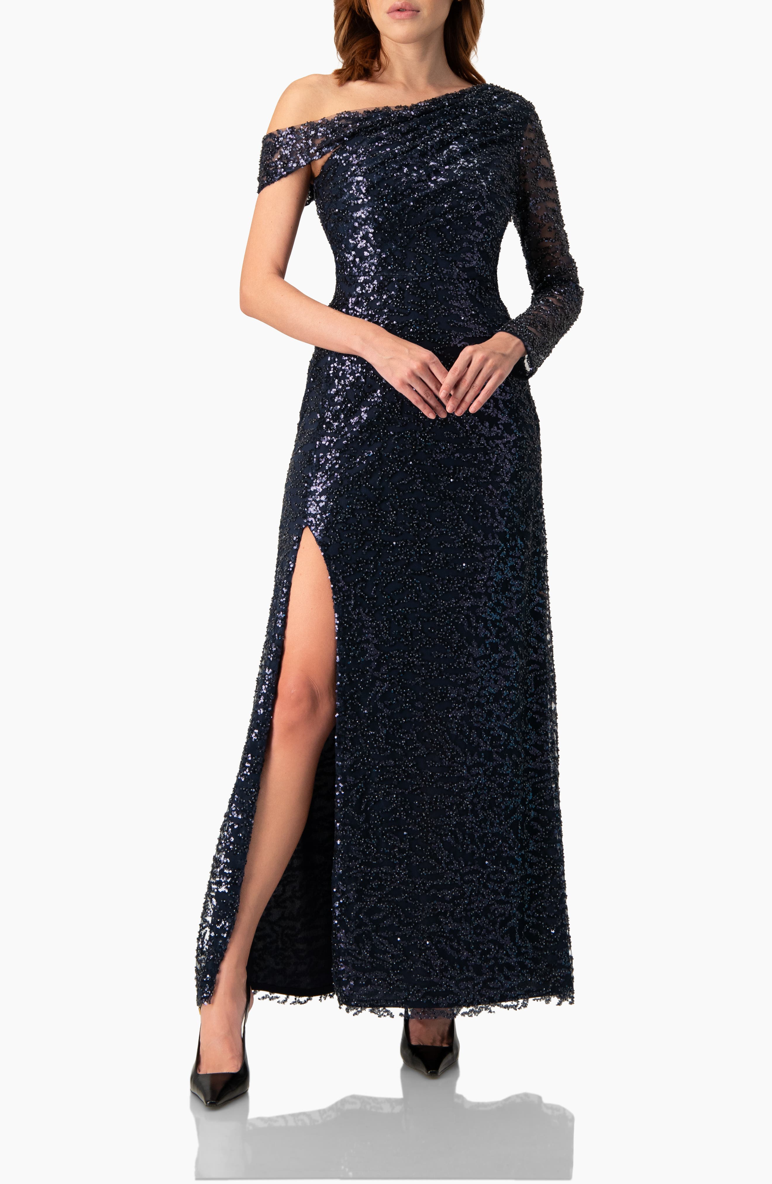 Embroided Gown with Front Slit and One Sleeve