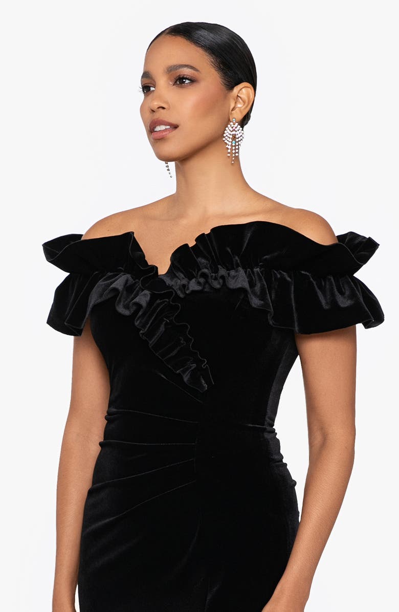 Xscape Evenings Ruffle Off the Shoulder Velvet Column Dress, Alternate, color, 