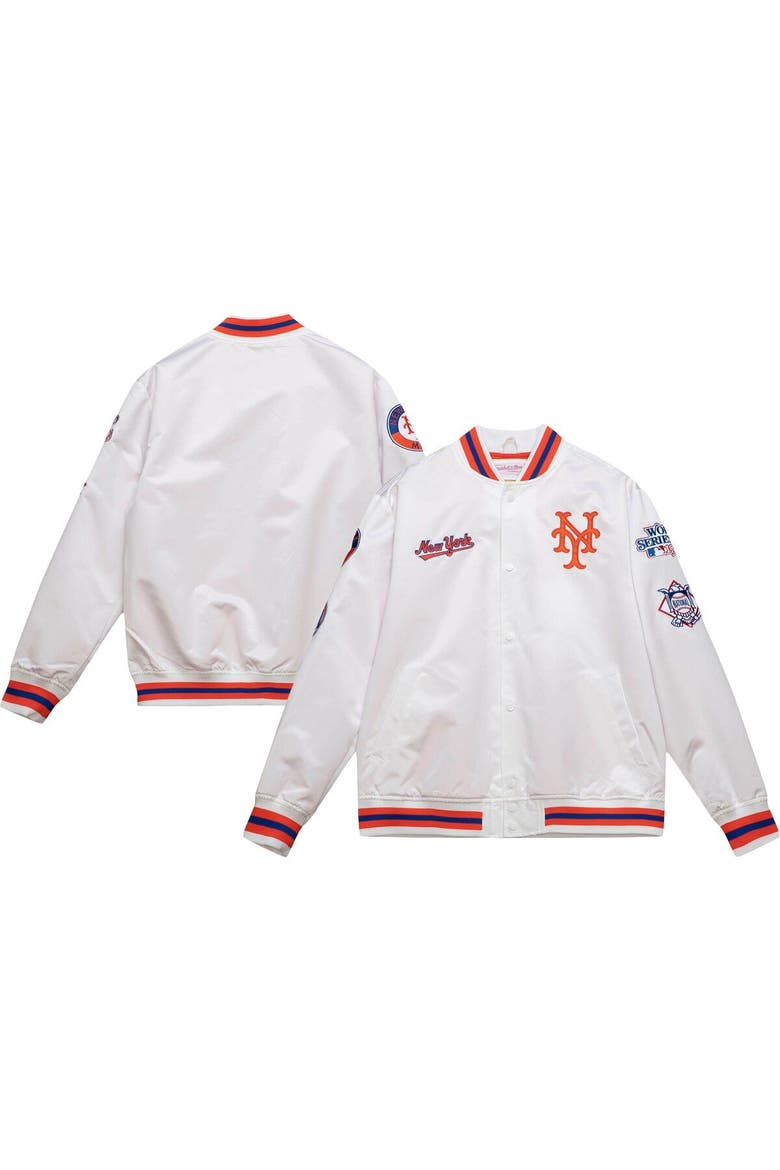 Men's Mitchell & Ness White New York Mets City Collection Satin Full-Snap Varsity Jacket, Main, color, White