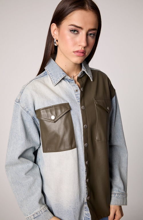 Blue Revival Vegan Leather & Denim Boyfriend Shacket In Multi