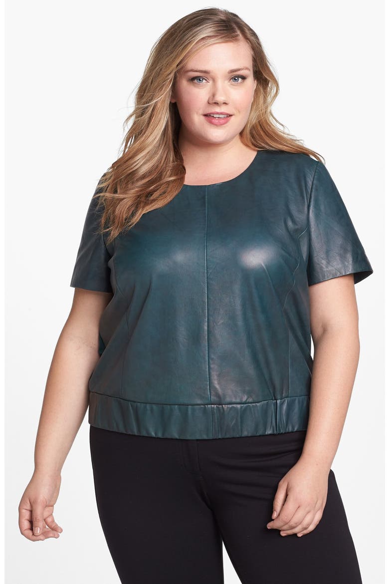 Leather & Ponte Knit Top, Main, color, GREEN BOTTLE