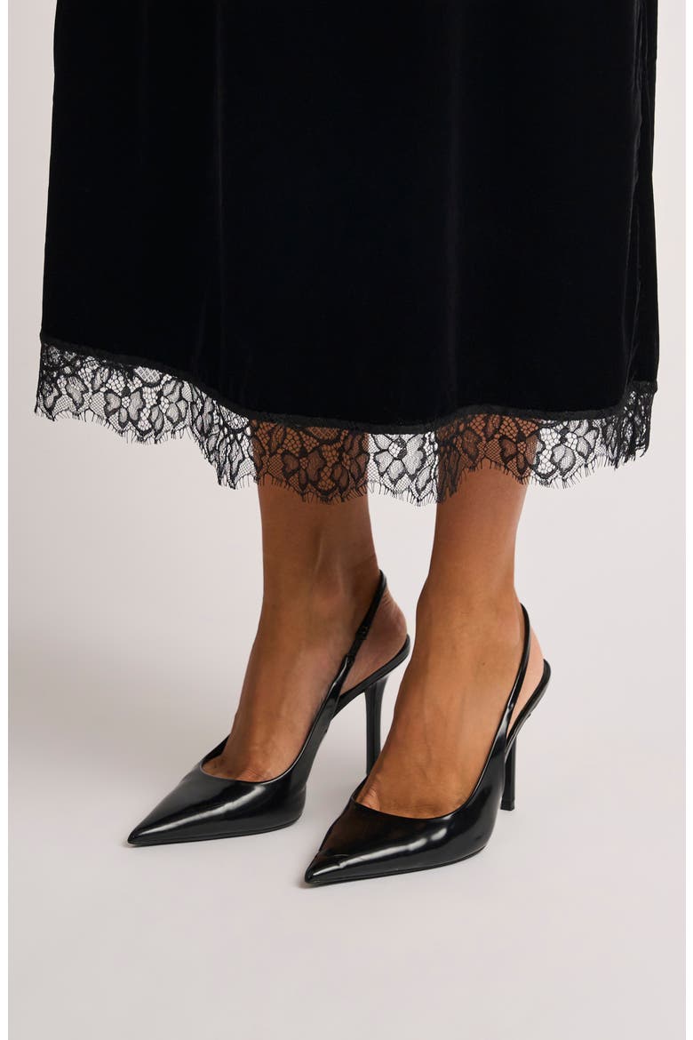 Lace Trim Velvet Midi Skirt, Alternate, color, RICH BLACK 060