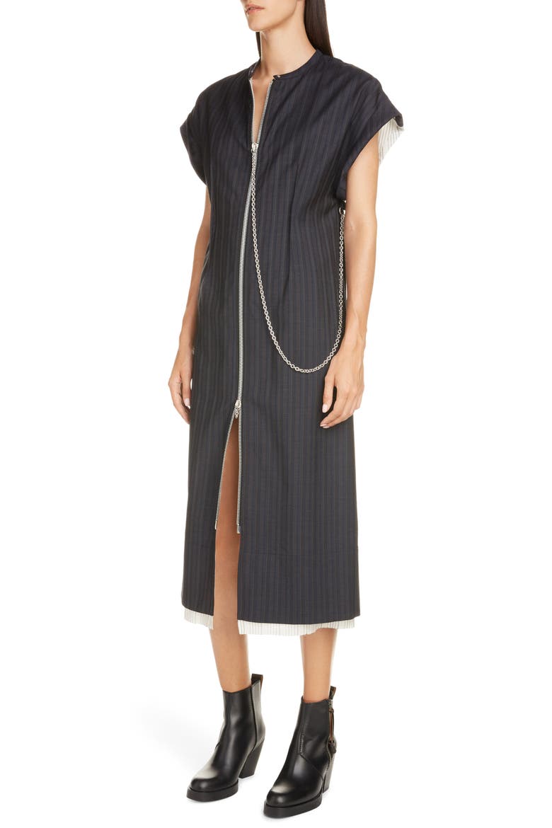 Di Chain Detail Pinstripe Midi Dress, Alternate, color, NAVY BLUE