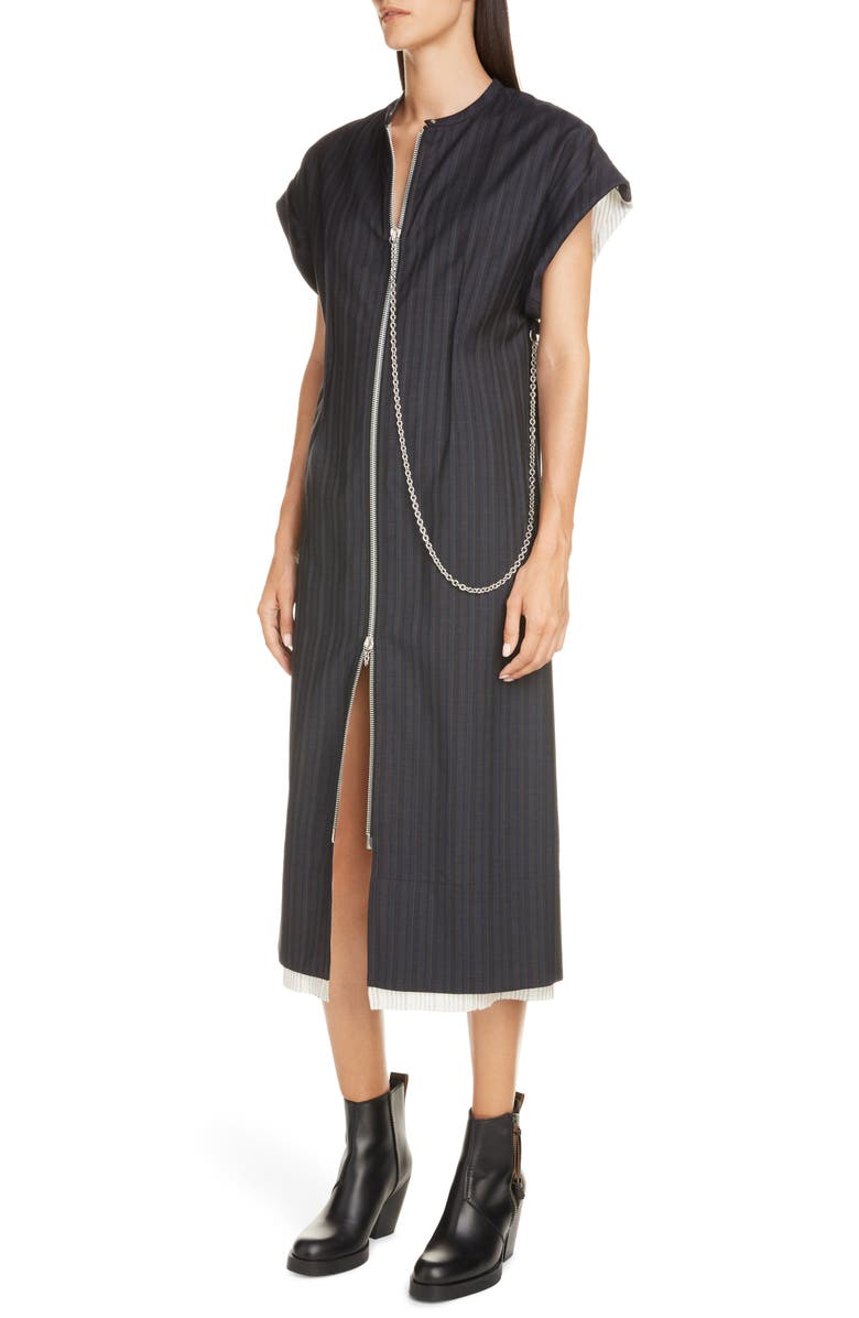 Acne Studios Di Chain Detail Pinstripe Midi Dress, Alternate, color, 