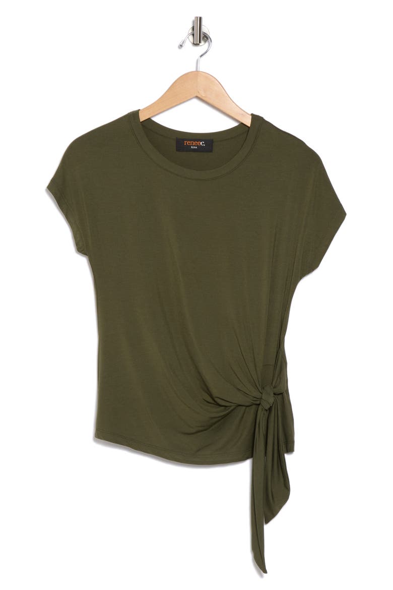Short Sleeve Side Knot Tie Top, Alternate, color, OLIVE