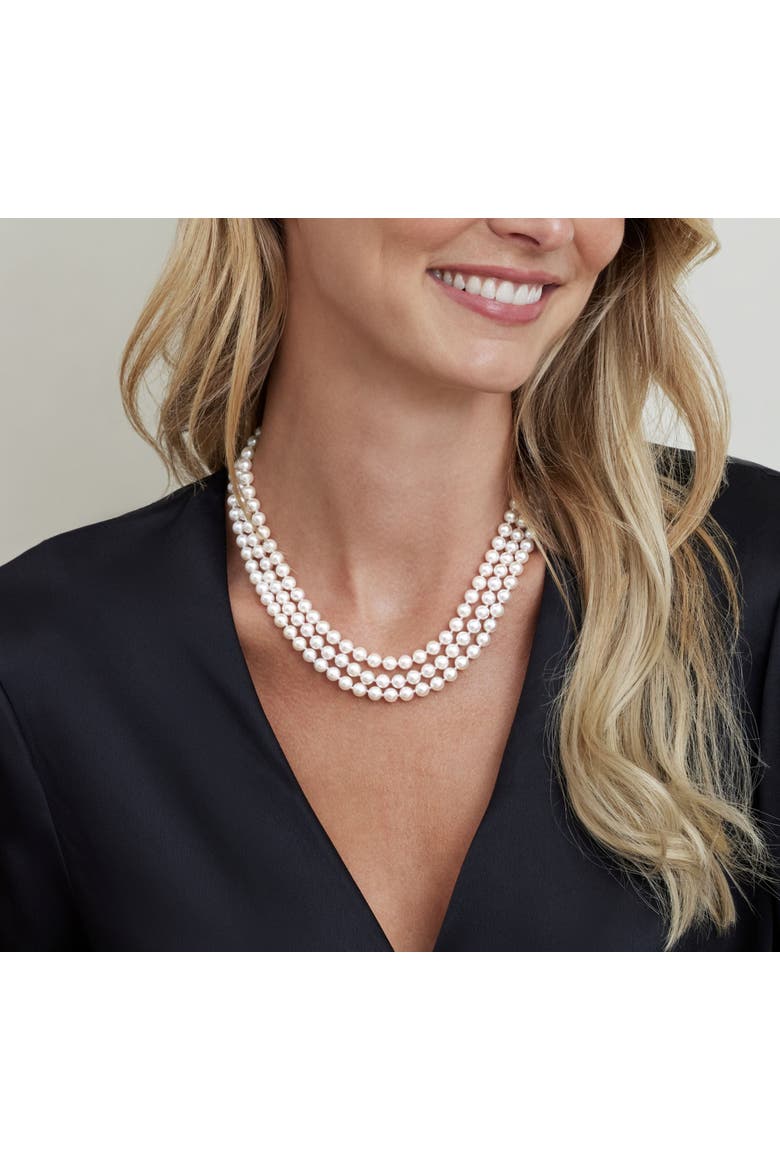 Triple Strand White Akoya Pearl Necklace, Main, color, Sterling Silver Clasp